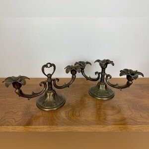 Pair Italian Brass Candle Holders Floral Vintage Gold Colored Made in Italy